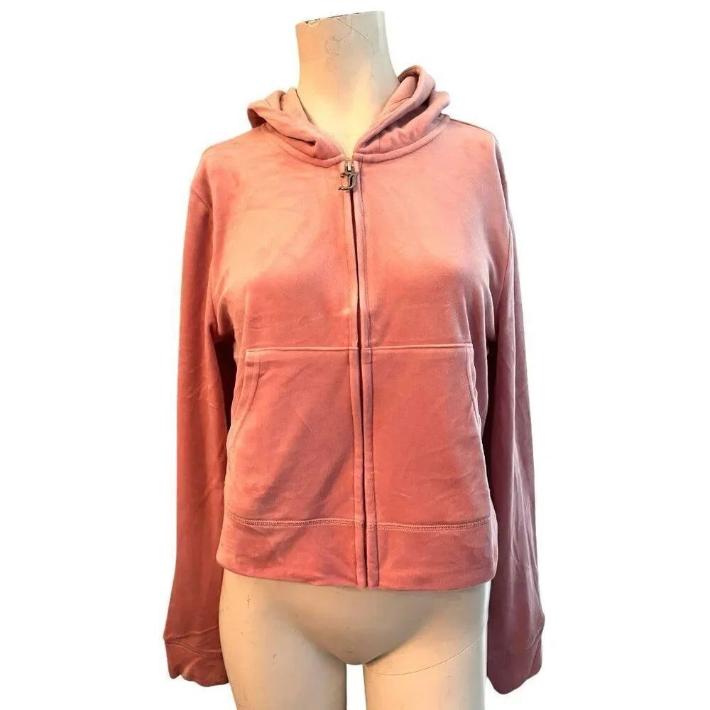 Juicy Couture Large Pink Velour Zip Up Tracksuit Jacket Hood Bling Logo NWT $115